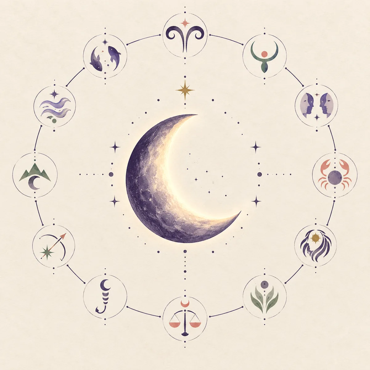 Illustration éditoriale d’un croissant de Lune entouré des douze symboles du zodiaque