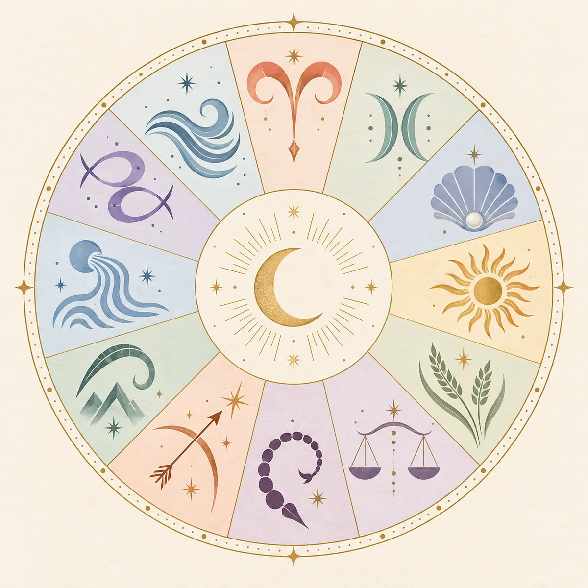 Roue zodiacale éditoriale avec douze sections symboliques autour d’un croissant de Lune central